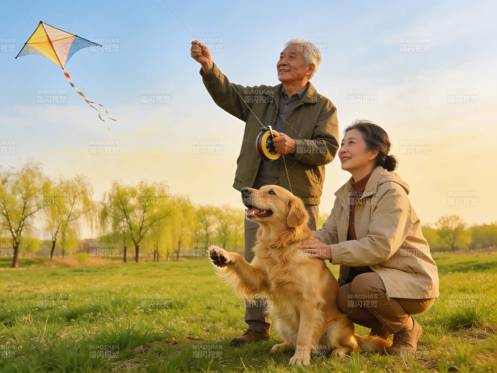 老夫妇与爱犬放风筝图片