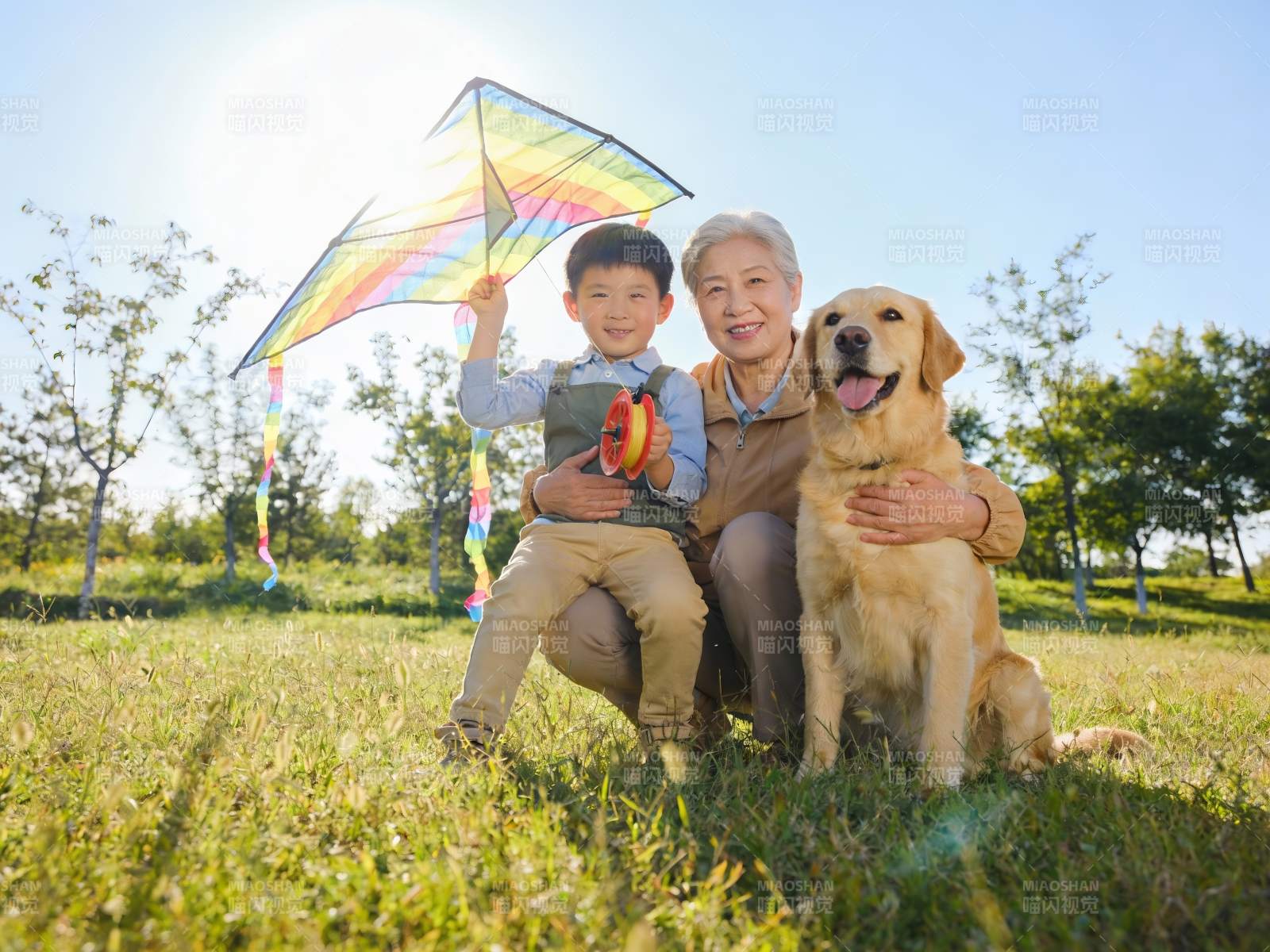 祖孙放风筝与狗狗同乐图片