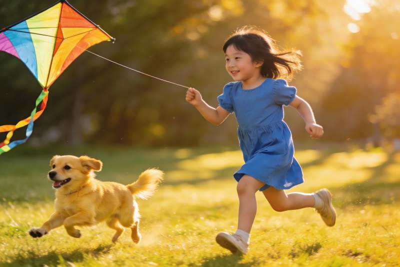 小女孩与小狗户外放风筝图片