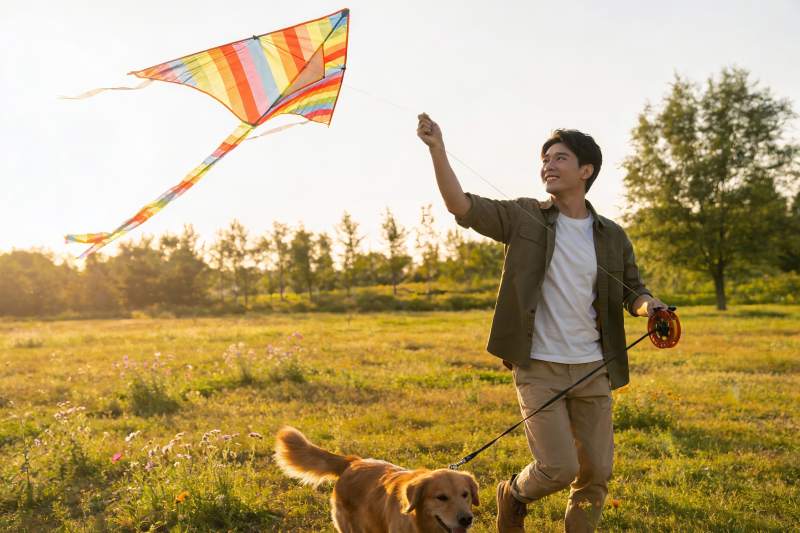 男子户外放风筝遛狗图片