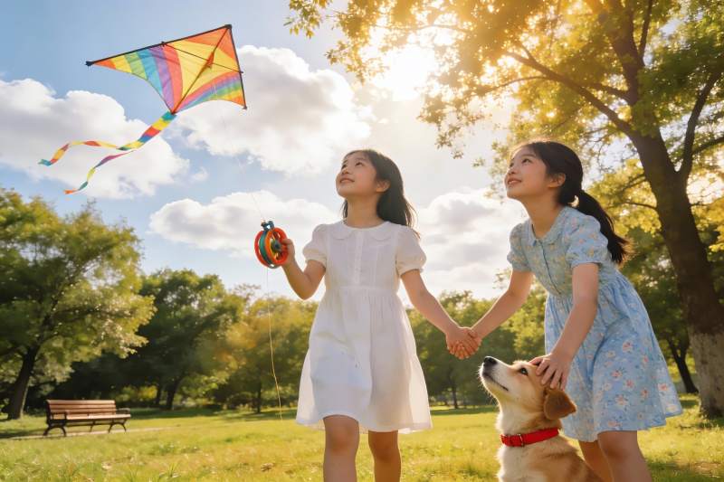 小女孩户外放风筝与宠物狗图片