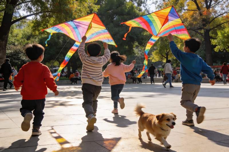 孩子们公园放风筝欢乐奔跑图片
