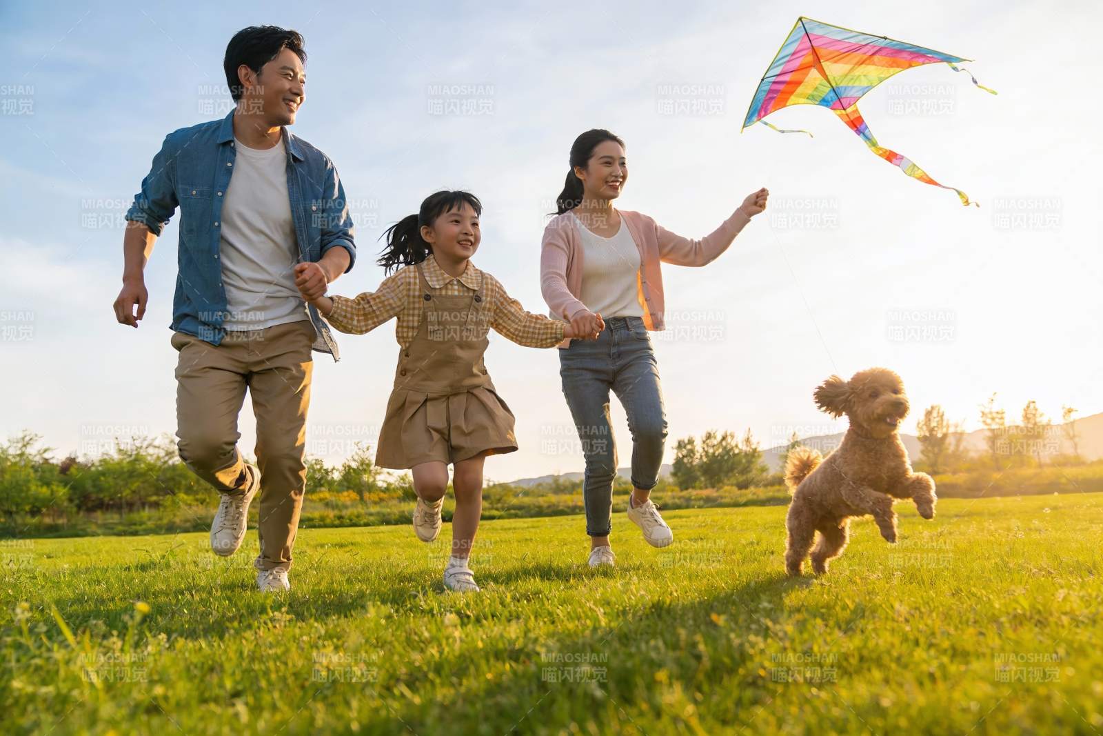 一家三口草地上放风筝图片