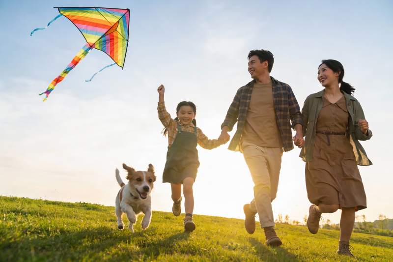 一家三口草地放风筝欢乐奔跑图片