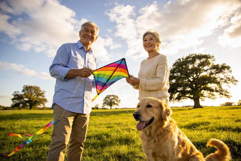 老年夫妇放风筝与宠物狗图片