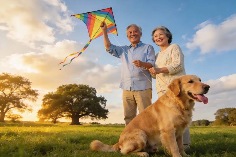老夫妇放风筝与狗狗同乐图片