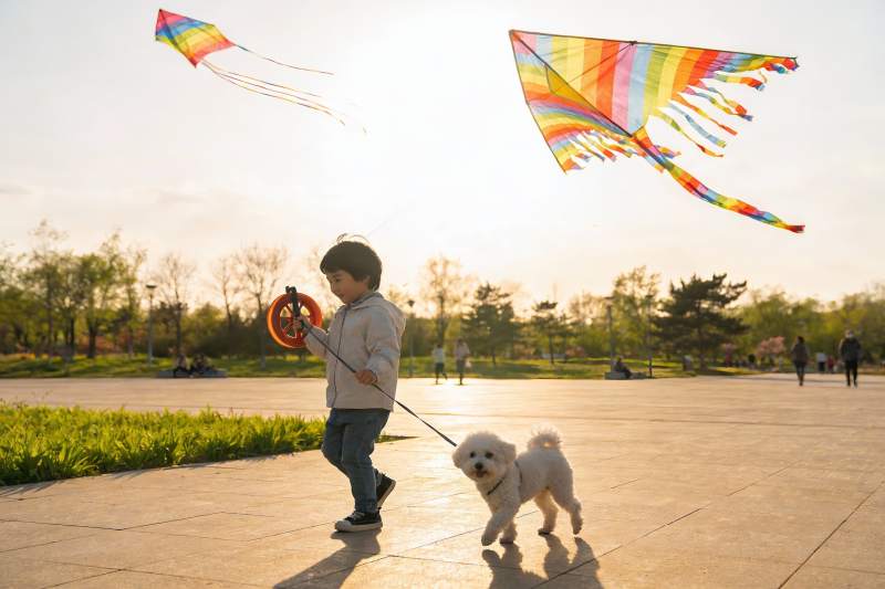 小男孩公园放风筝遛狗图片