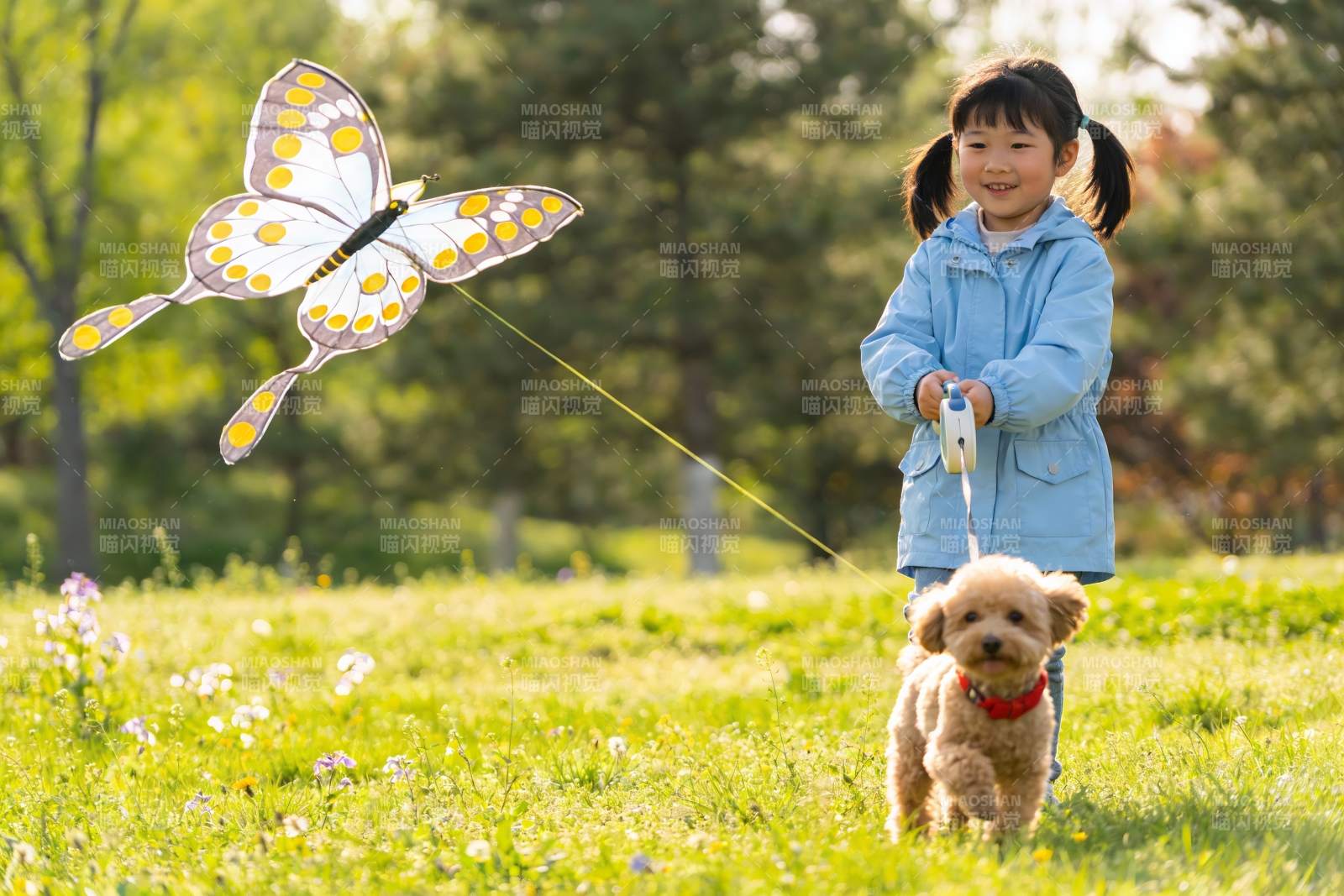小女孩草地上放风筝遛狗图片