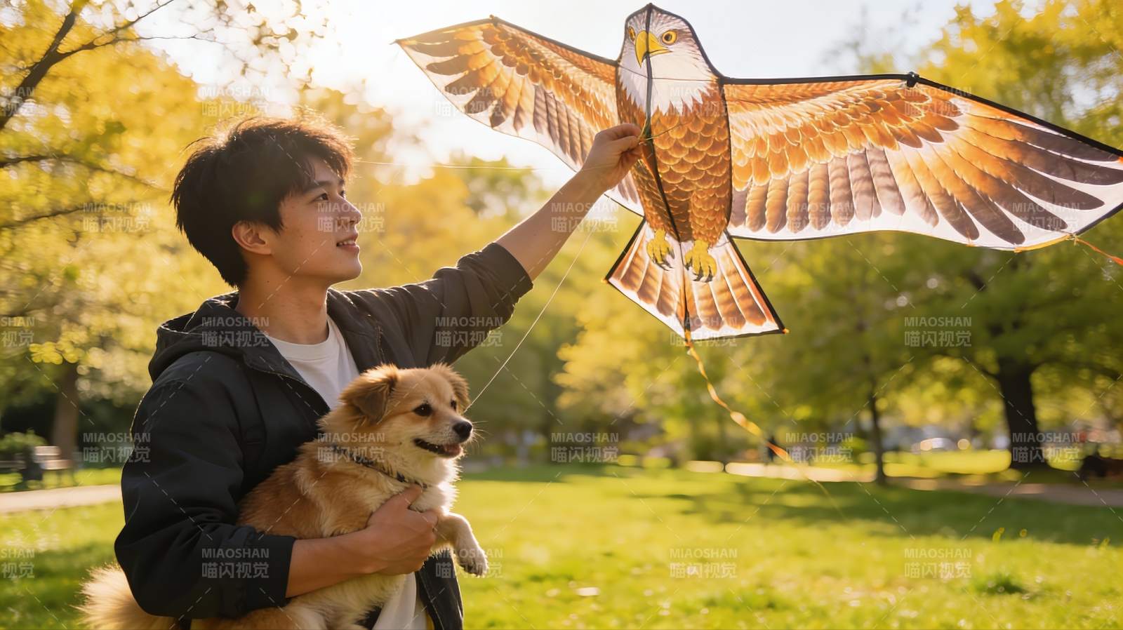 青年公园放鹰风筝与宠物狗图片