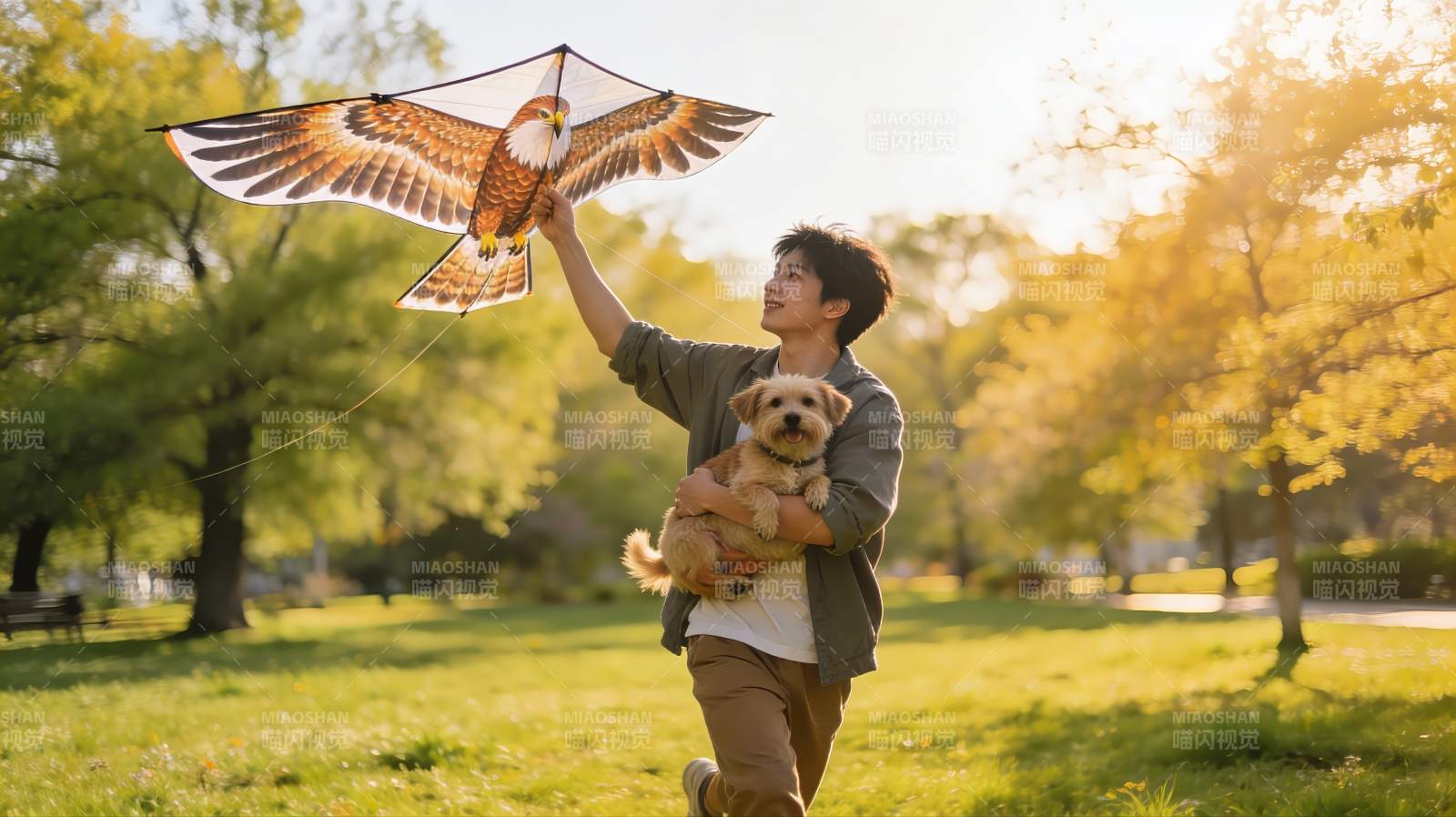 男子公园放鹰风筝抱狗图片