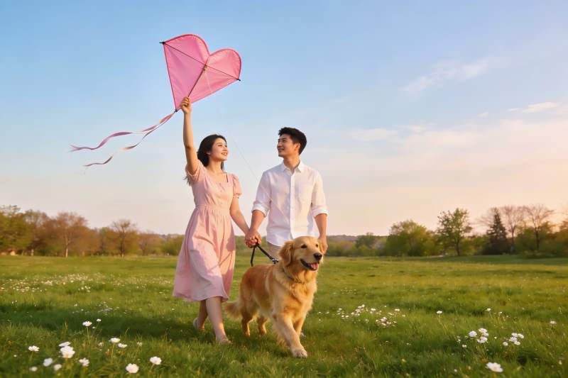 情侣公园放风筝遛狗图片