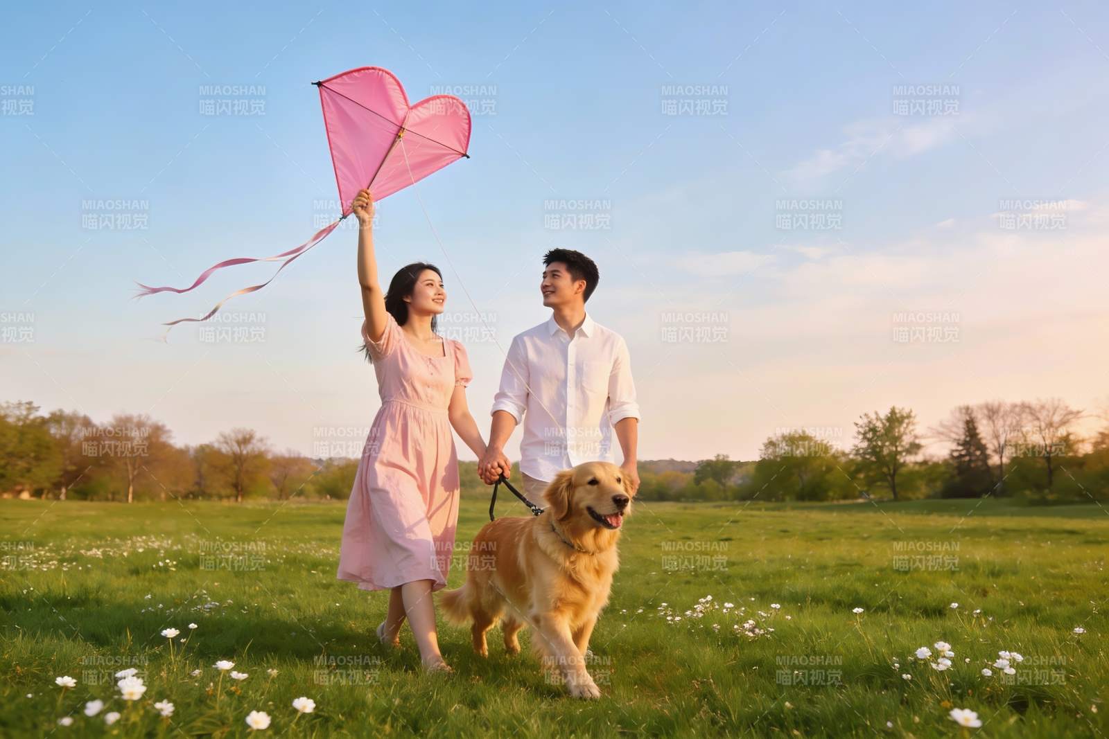 情侣公园放风筝遛狗图片