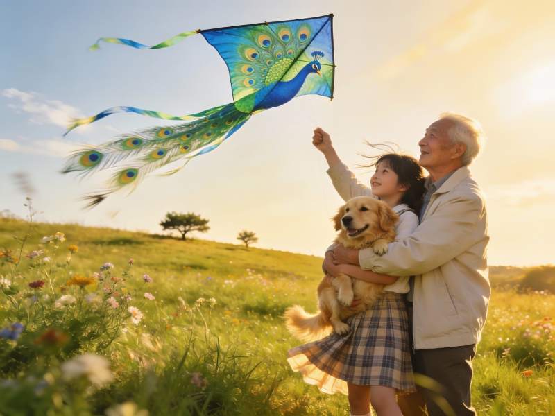 祖孙放风筝与宠物狗户外欢乐图片