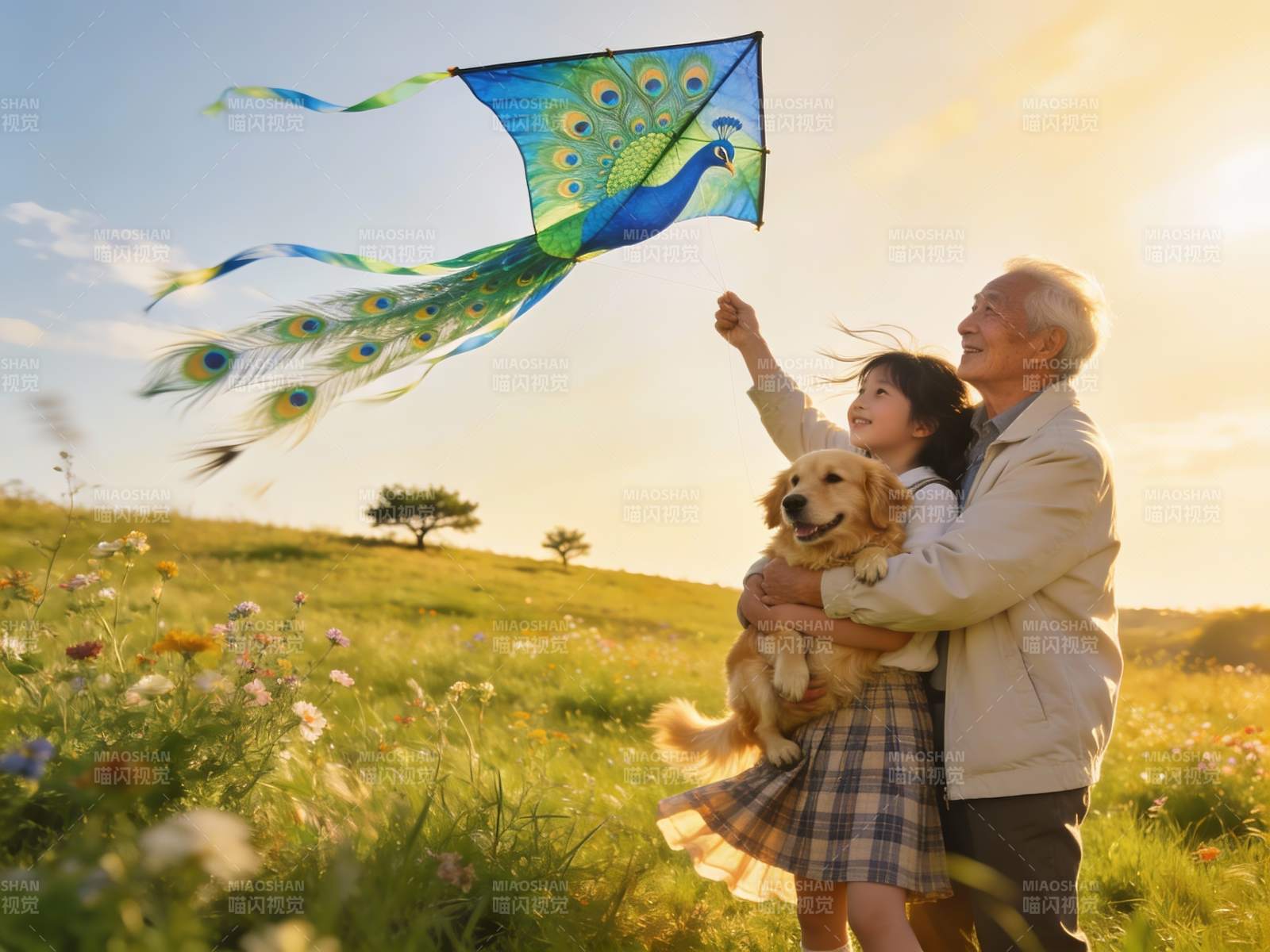 祖孙放风筝与宠物狗户外欢乐图片