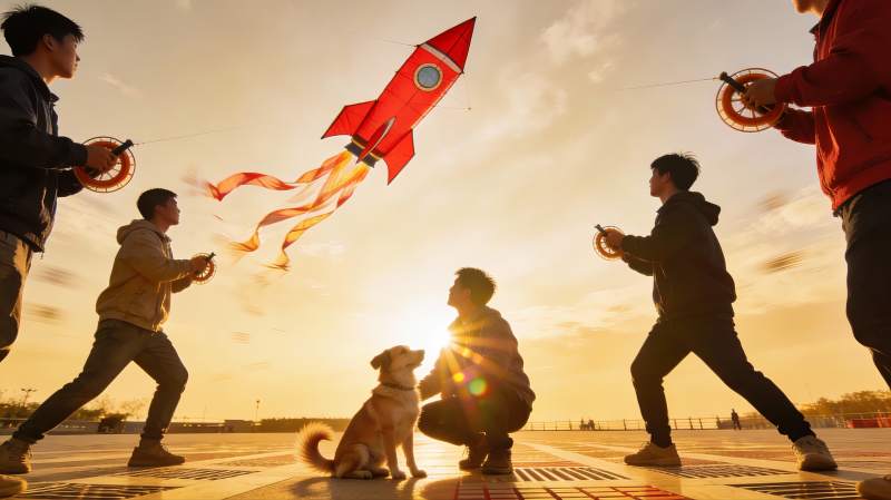 夕阳下放飞火箭风筝的欢乐时光图片