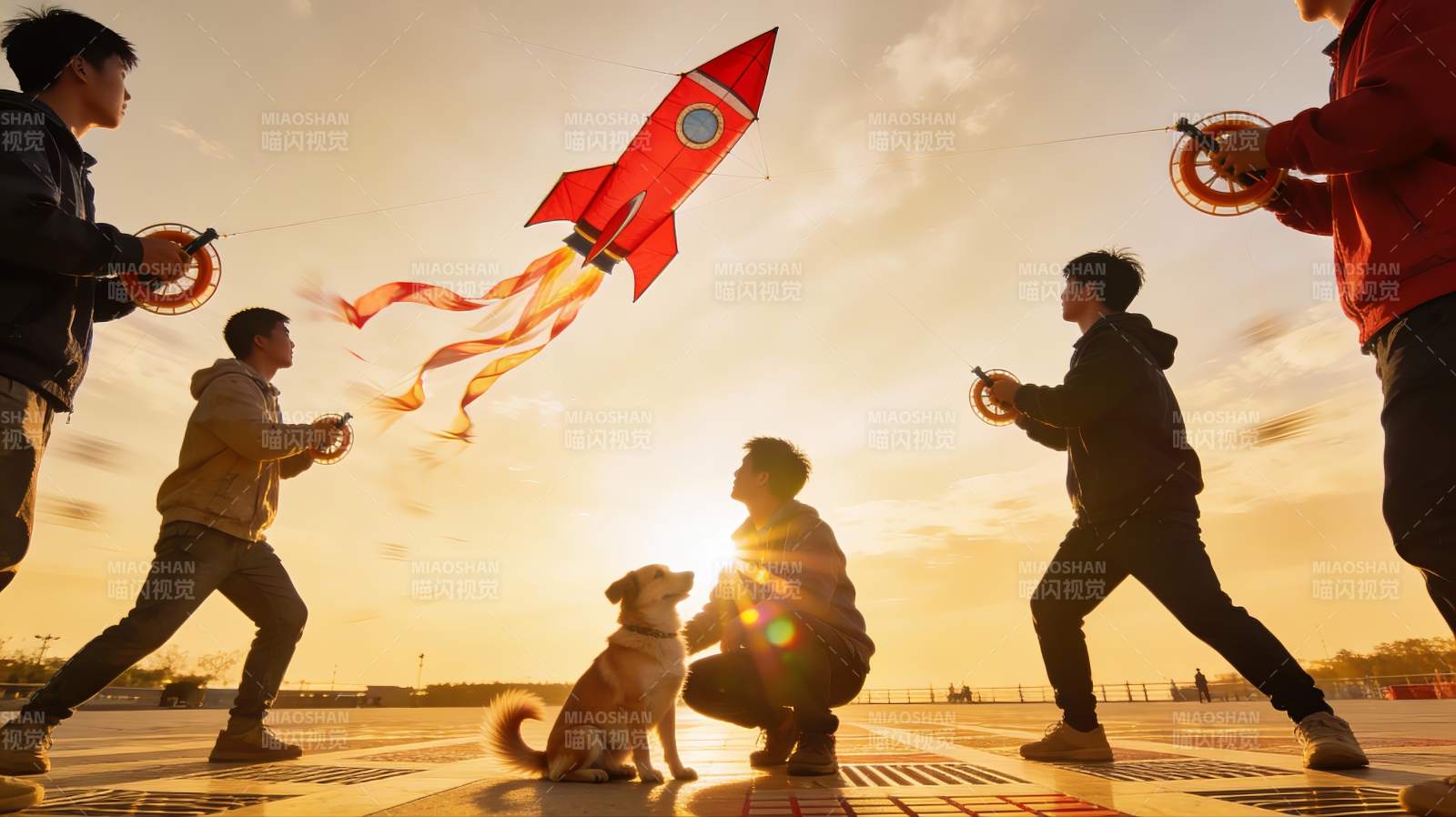 夕阳下放飞火箭风筝的欢乐时光图片