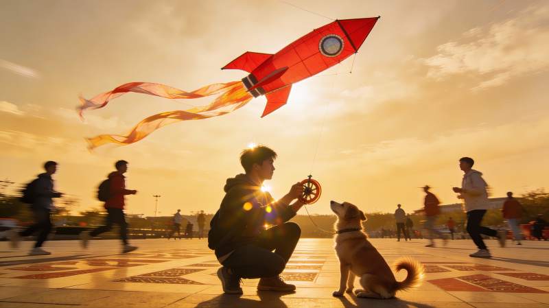 夕阳下放飞火箭风筝图片