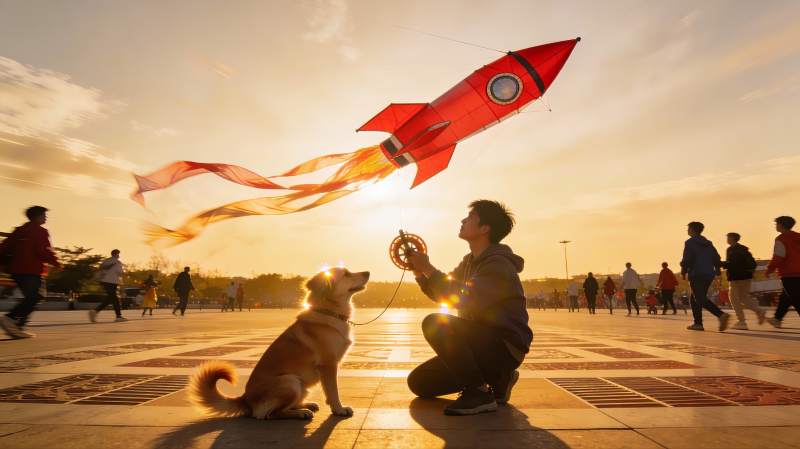 夕阳下人与狗放火箭风筝图片
