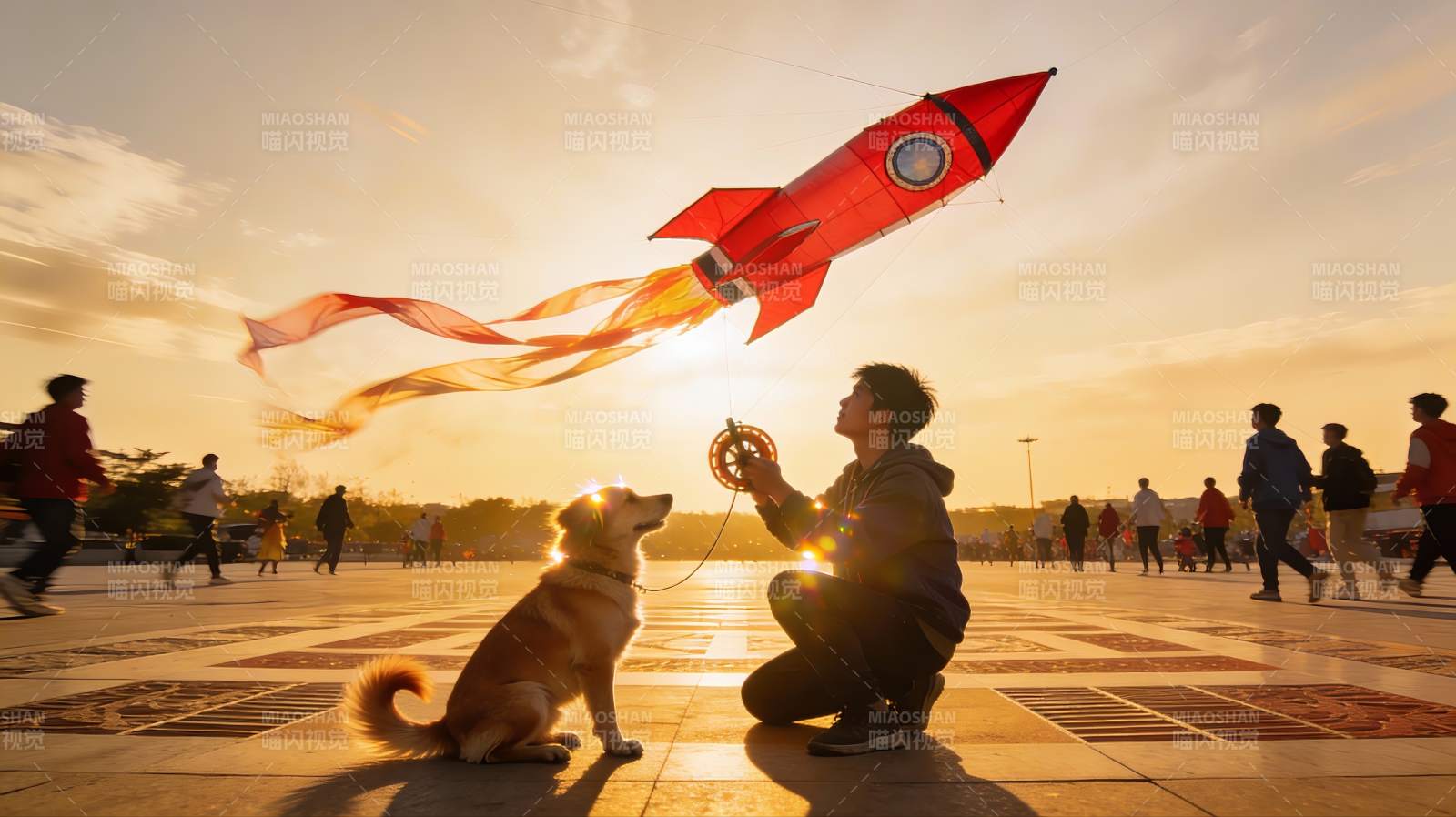 夕阳下人与狗放火箭风筝图片