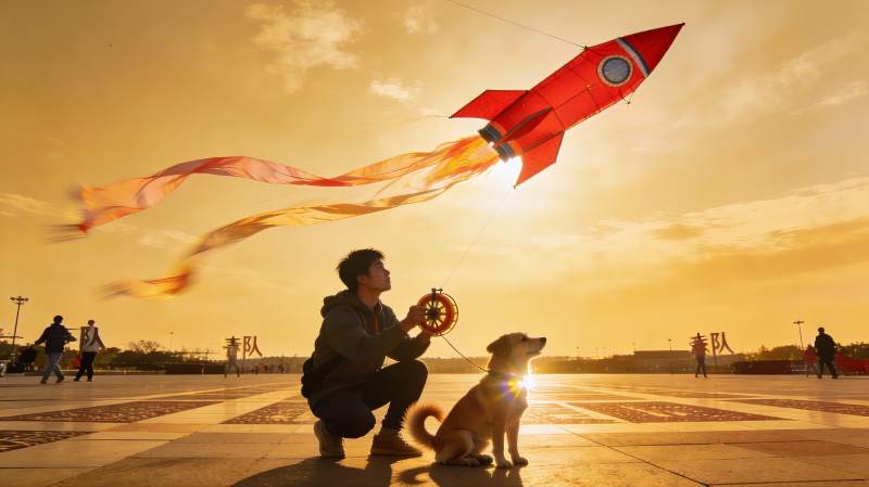 男子与爱犬放飞火箭风筝图片