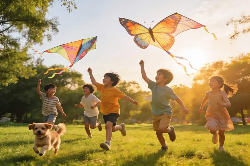 孩子们户外放风筝与小狗奔跑图片