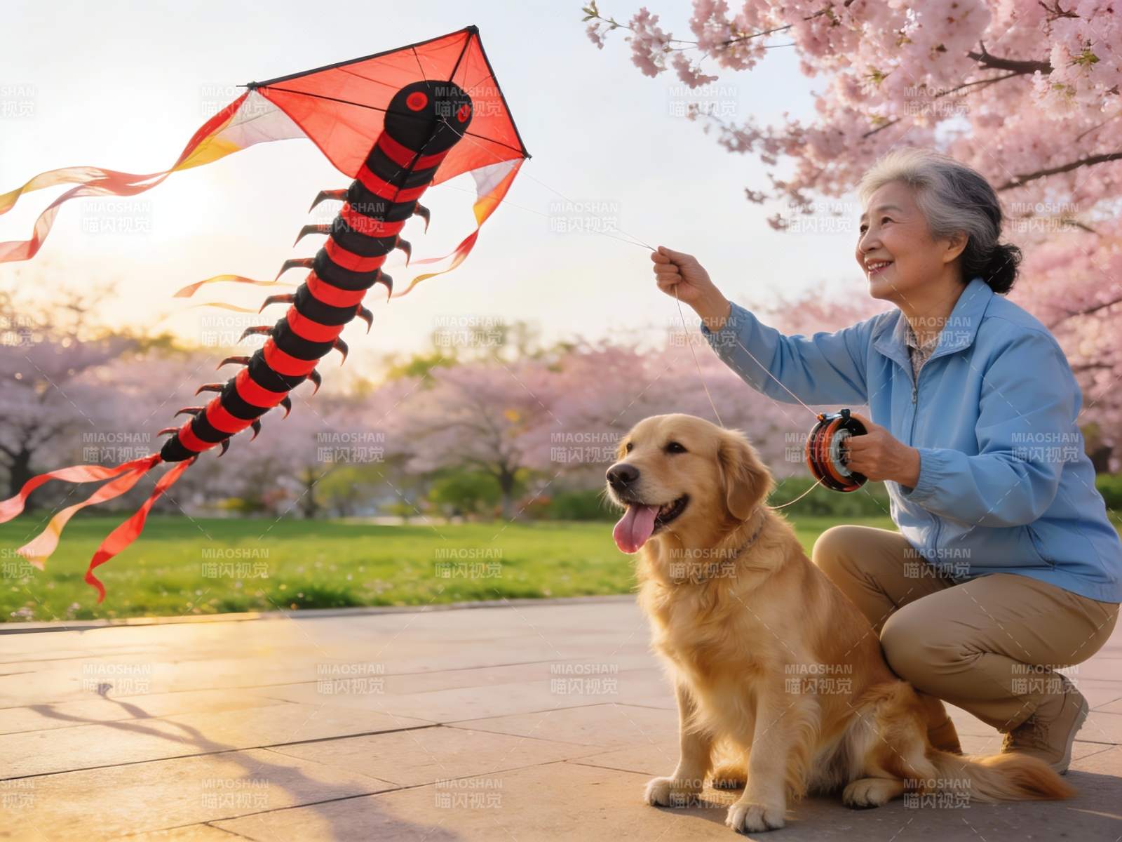 老人与金毛犬放风筝赏樱花图片