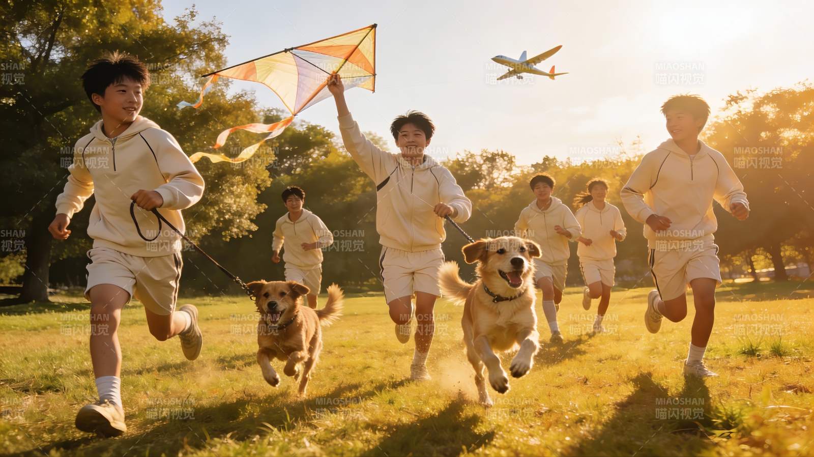 少年奔跑放风筝与狗狗同行图片