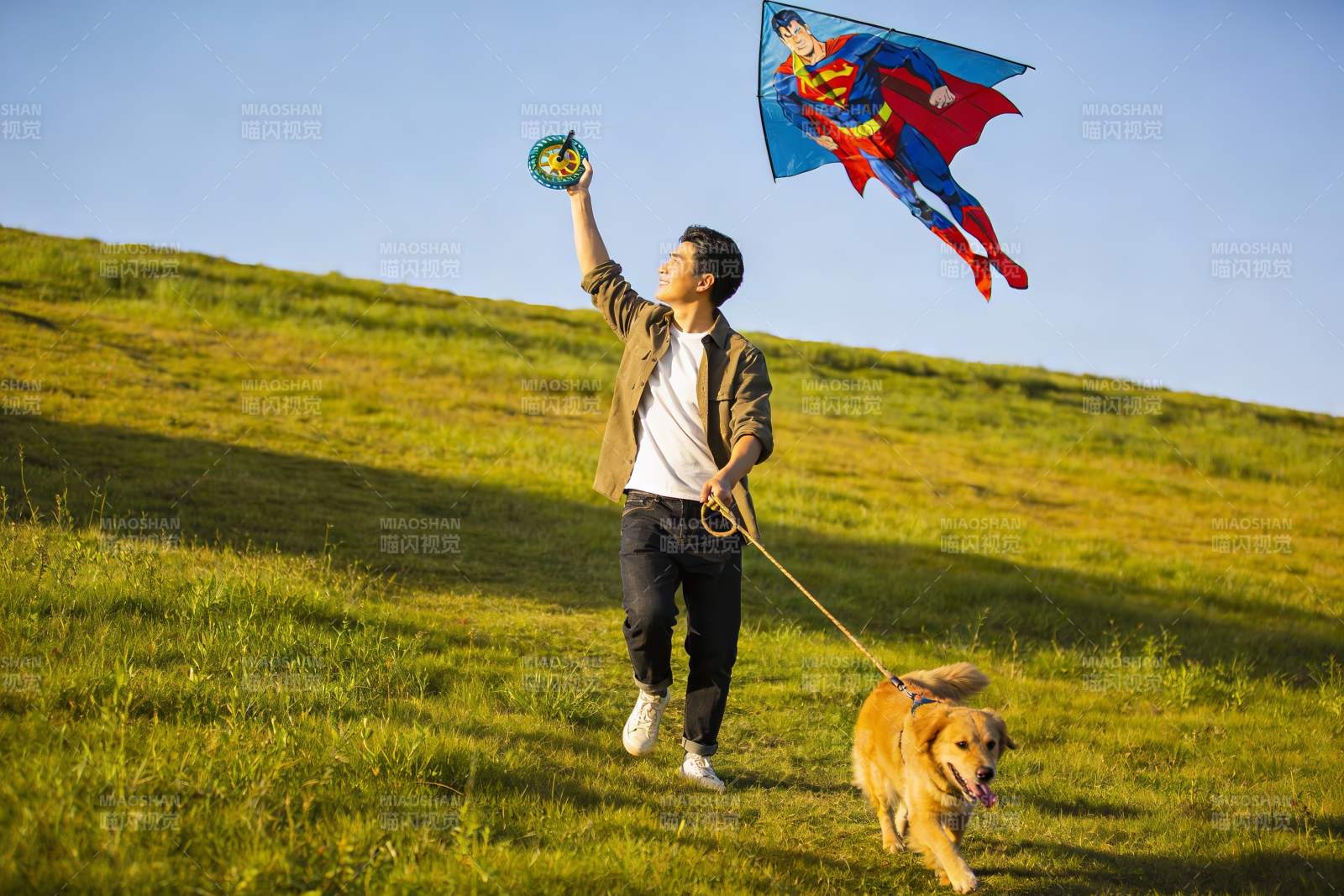 男子草地放飞超人风筝与狗同行图片