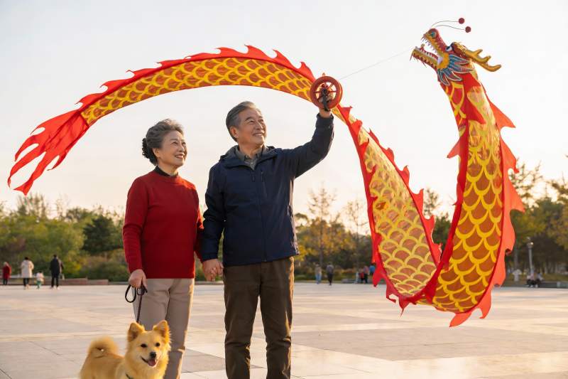 公园放龙风筝的快乐老年夫妇图片