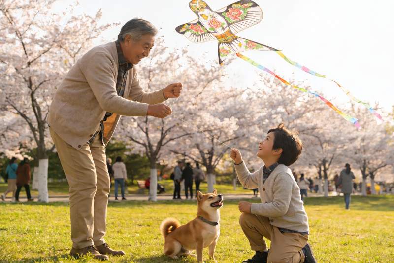 祖孙放风筝狗狗相伴图片