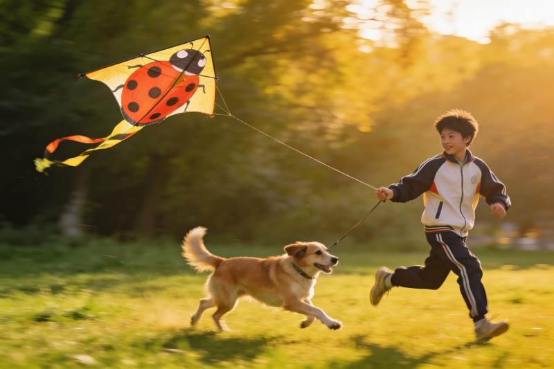 男孩与狗狗户外放风筝图片