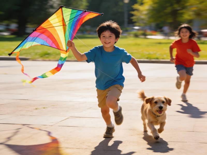 儿童公园放风筝欢乐奔跑图片