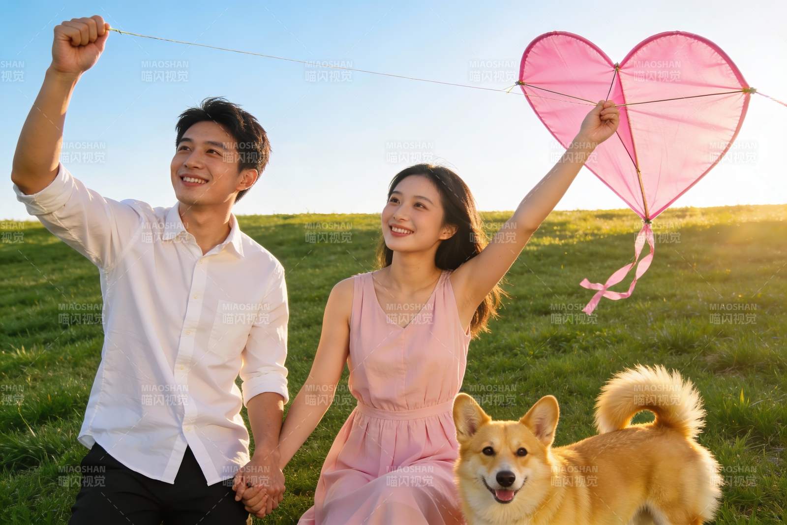 情侣草地放飞爱心风筝图片