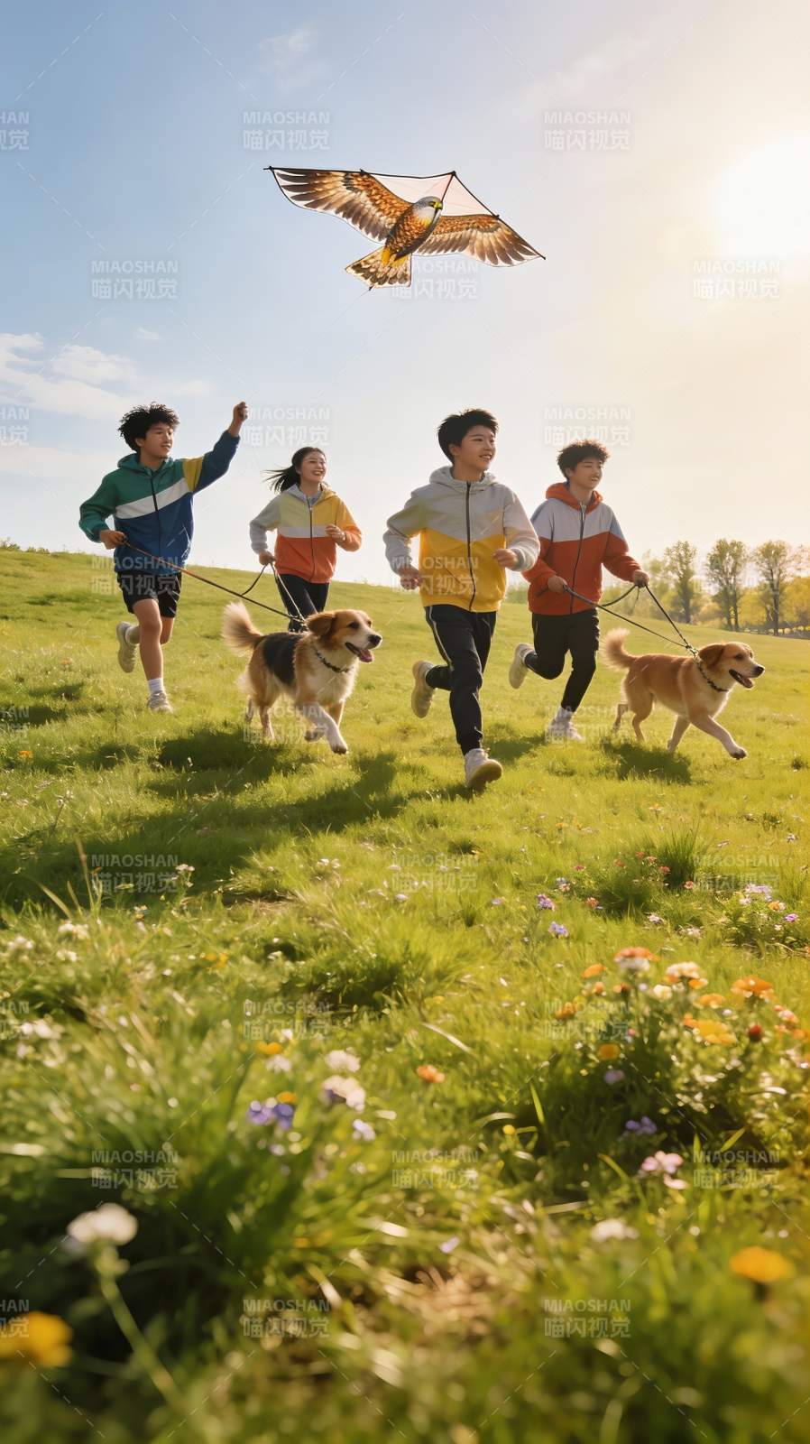 四人带狗放风筝草地上奔跑图片