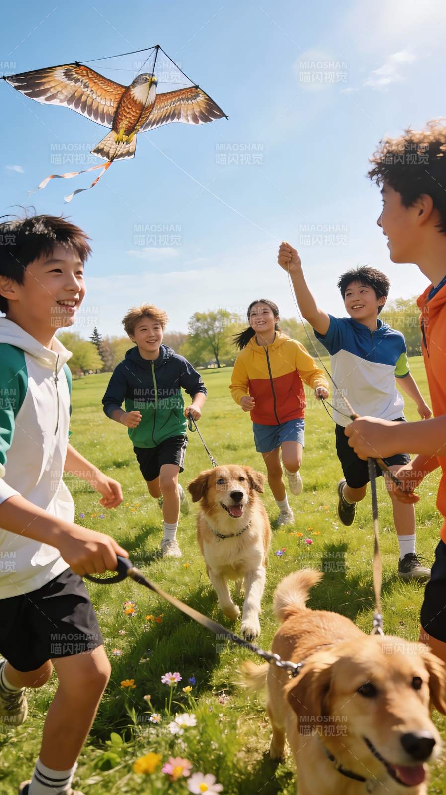 孩子们户外放风筝与宠物狗奔跑图片