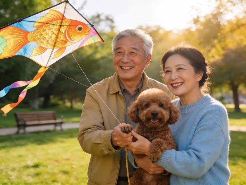 老夫妇公园放风筝与宠物狗图片