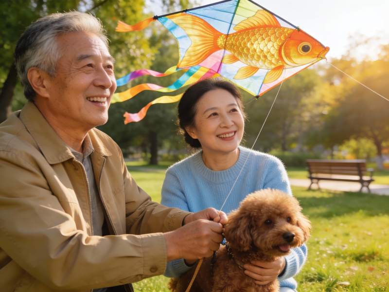 公园放风筝遛狗的幸福老人图片