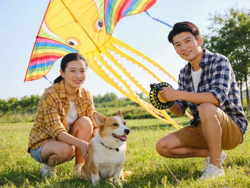 情侣草地放风筝与宠物犬图片