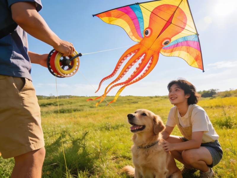 户外草地放风筝与宠物狗图片