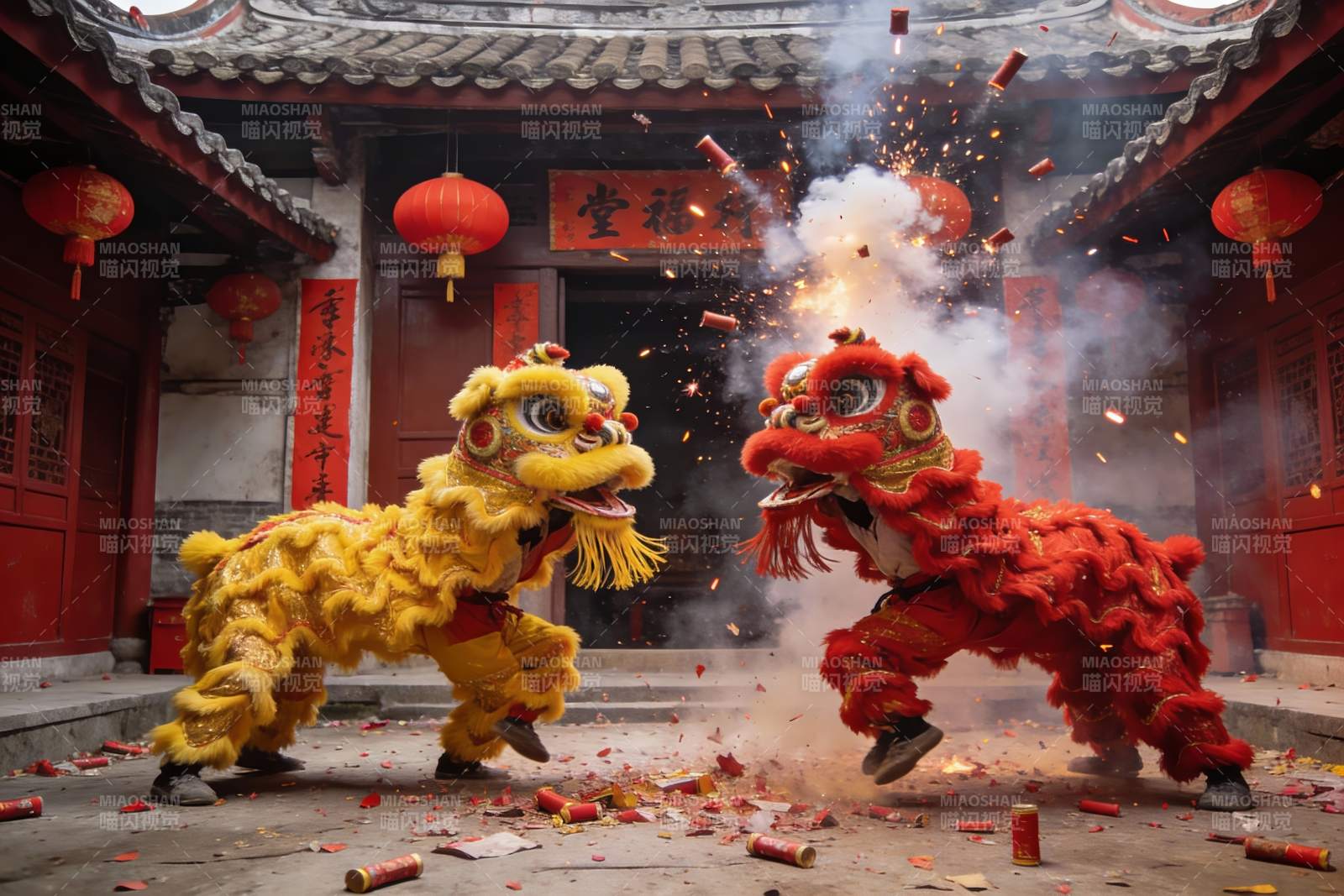 传统舞狮表演燃放鞭炮图片