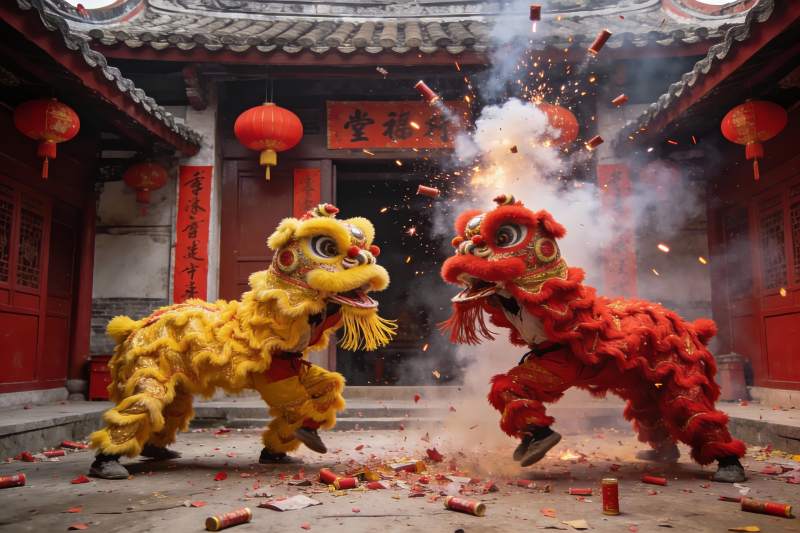 传统舞狮表演燃放鞭炮图片