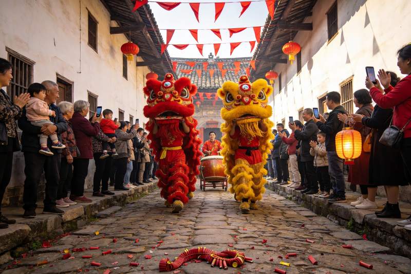 古街舞狮表演热闹非凡图片