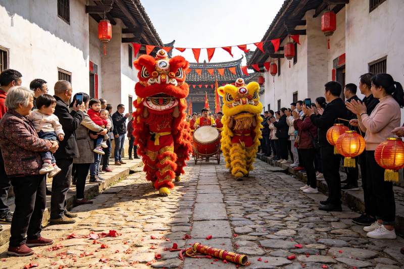 古街舞狮表演热闹非凡图片