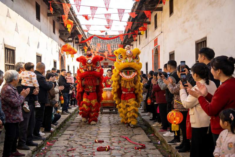 古街舞狮表演热闹非凡图片