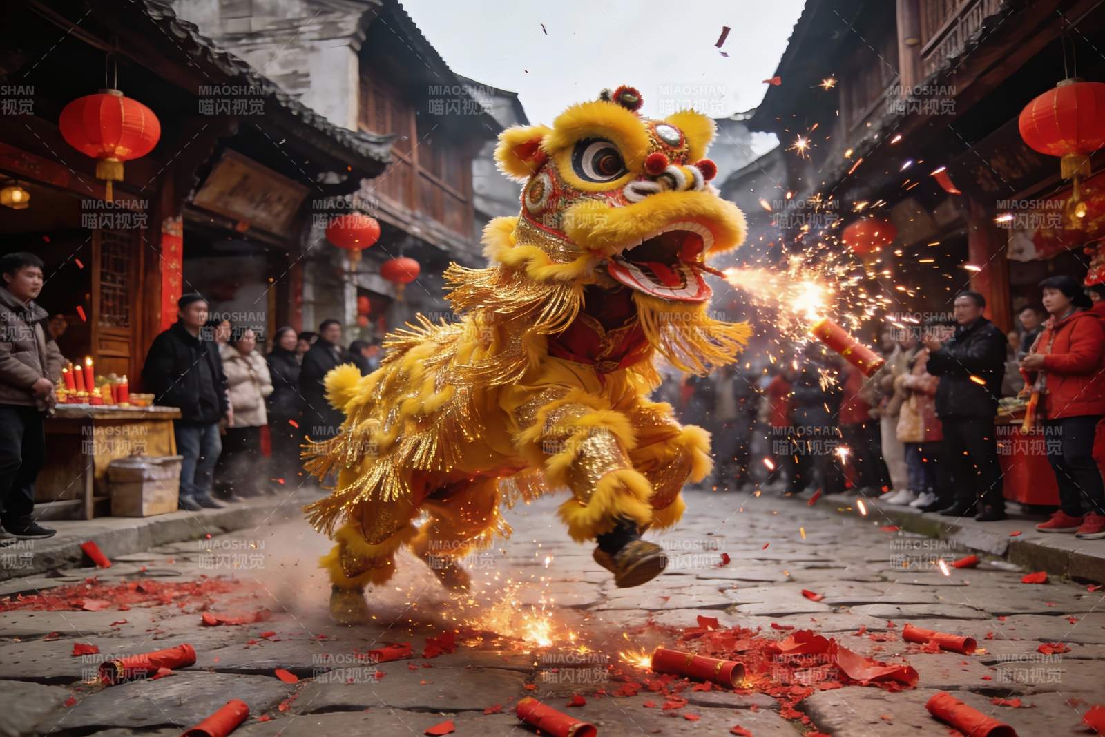 街头舞狮表演热闹非凡图片