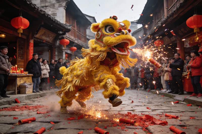 街头舞狮表演热闹非凡图片