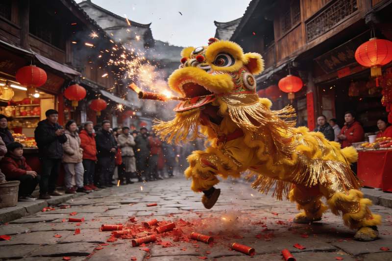 街头舞狮表演热闹非凡图片