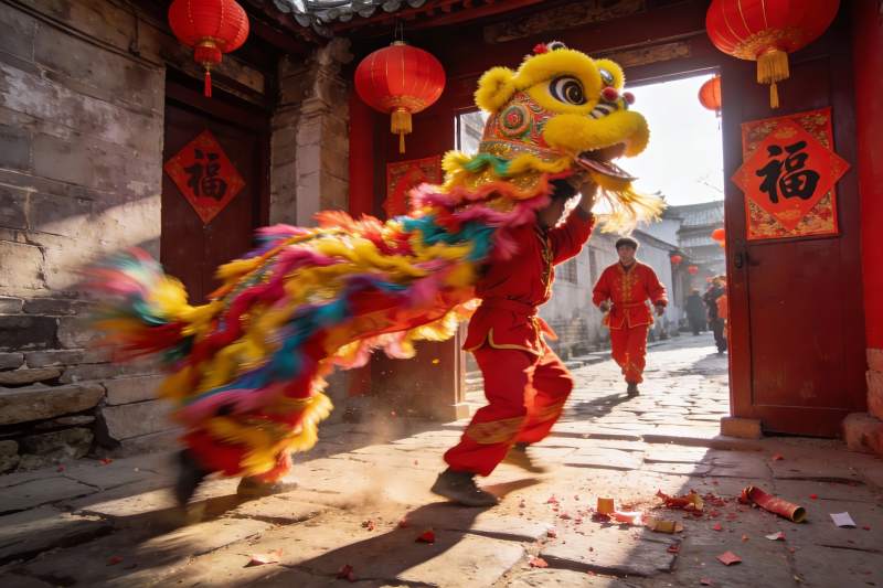 传统舞狮表演热闹非凡图片