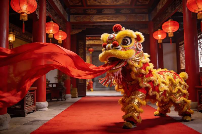 传统舞狮表演于古建筑内图片