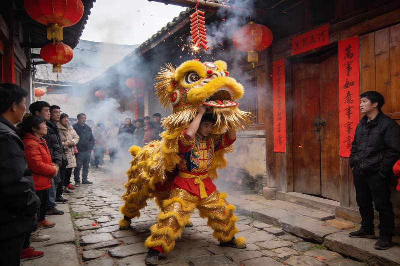 街头舞狮表演热闹非凡图片